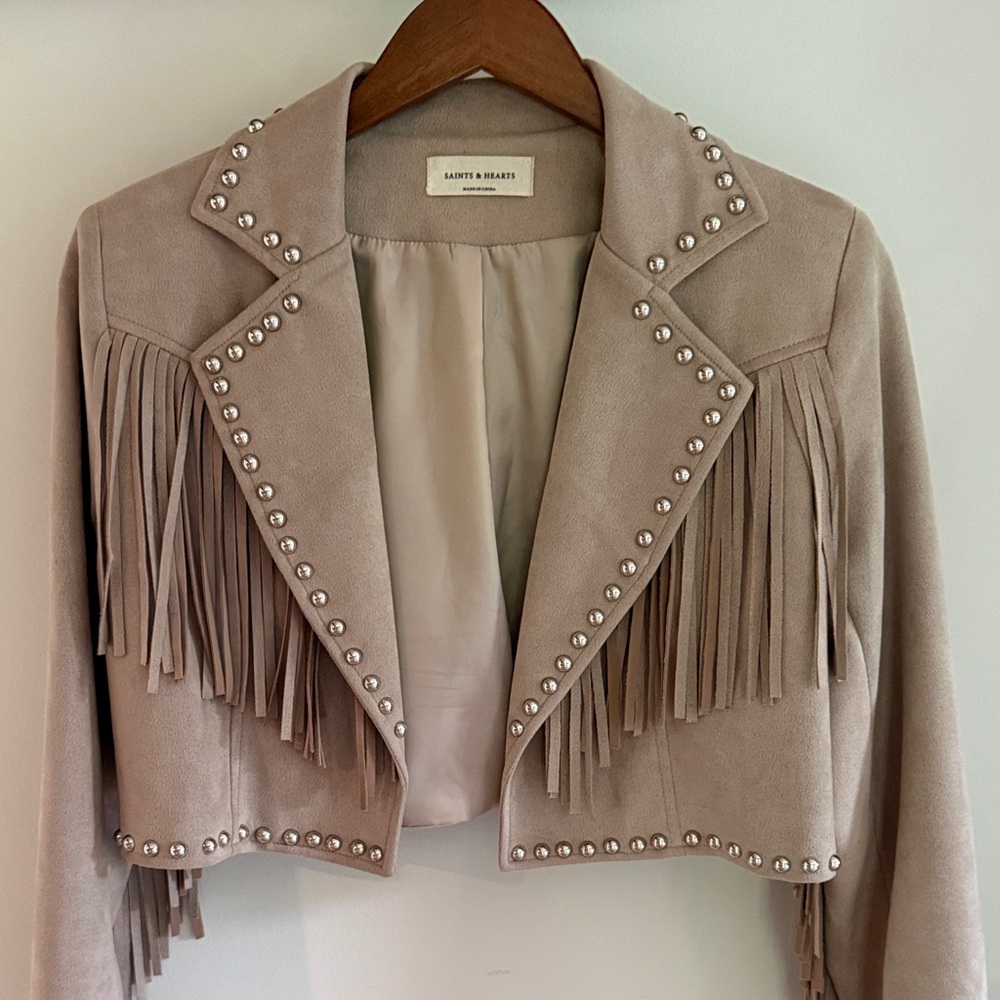 Studded Fringe Crop Jacket in Dusty Pink